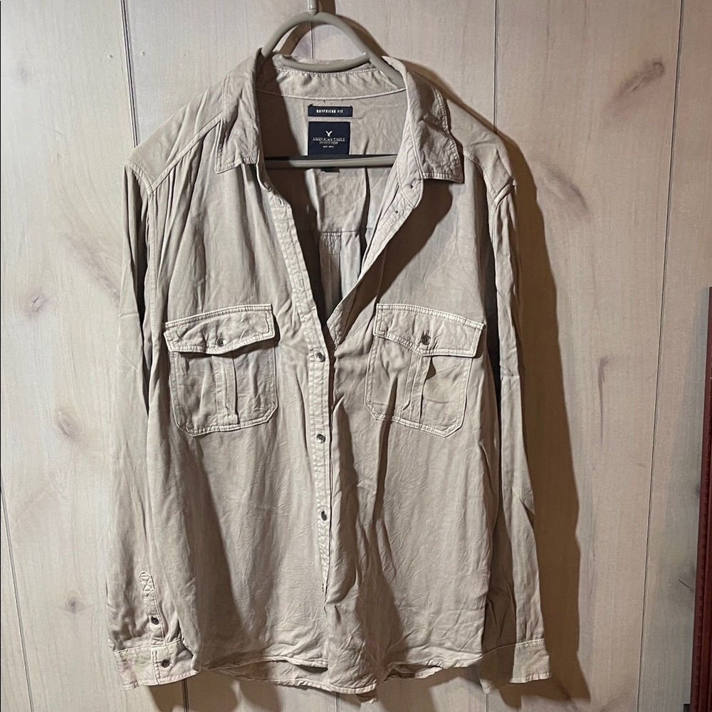 American Eagle Light Grey Button Down Shirt, Roll Sleeves with Boyfriend Fit